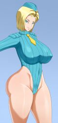  1girl alternate_breast_size android_18 blonde_hair blue_eyes breasts cammy_white cammy_white_(cosplay) capcom cosplay curvy dragon_ball dragonball_z half-closed_eyes highleg highleg_leotard highres huge_breasts legs leotard pinkpawg pubic_hair seductive_gaze seductive_smile short_hair smile solo street_fighter street_fighter_zero_(series) thick_thighs thighs thong_leotard wide_hips 