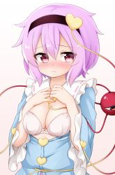1girl black_hairband blouse blue_shirt blush bra breasts breasts_out breasts_squeezed_together buttons cleavage closed_mouth commentary_request eyeball frills gradient_background hair_between_eyes hairband hands_on_own_chest heart highres komeiji_satori looking_away looking_to_the_side nervous nose_blush open_clothes open_shirt pink_background pink_eyes pink_hair shirt short_hair simple_background small_breasts solo suwa_yasai sweat third_eye touhou underwear upper_body white_background white_bra rating:Sensitive score:11 user:danbooru