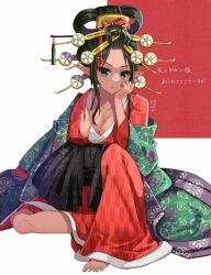 1girl alternate_costume black_hair breasts cleavage clenched_hand collarbone commentary_request commission commissioner_name dark-skinned_female dark_skin ellen_(maou_no_hajimekata) floral_print green_eyes hair_ornament hand_on_own_cheek hand_on_own_face highres japanese_clothes kimono long_sleeves maou_no_hajimekata medium_breasts nekozuki_yuki obi off_shoulder open_clothes parted_bangs pointy_ears print_kimono red_kimono sash signature skeb_commission solo thank_you v-shaped_eyebrows wide_sleeves yagasuri