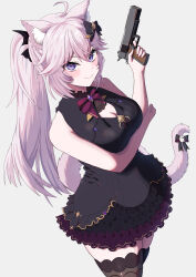  1girl absurdres ahoge animal_ear_fluff animal_ears arm_under_breasts black_dress black_thighhighs blush breasts cat_ears cat_girl cat_tail cleavage cleavage_cutout clothing_cutout dress gun highres holding holding_gun holding_weapon indie_virtual_youtuber long_hair looking_at_viewer medium_breasts meibin nyatasha_nyanners nyatasha_nyanners_(6th_costume) pink_hair purple_eyes smile solo tail thighhighs twintails virtual_youtuber weapon white_background 