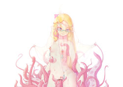 1girl blonde_hair blue_eyes bow breasts clitoris_piercing clitoris_ring consensual_tentacles cowboy_shot highres jewelry kearful long_hair nipple_piercing nude original piercing pink_bow pointy_ears pussy_piercing semi-rimless_eyewear small_breasts smile solo tentacle_sex tentacles veil white_background  rating:Explicit score:56 user:danbooru