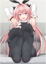  1boy :d armpits arms_behind_head arms_up astolfo_(fate) astolfo_(saber)_(fate) barefoot bow bowtie breasts fate/grand_order fate_(series) feet foot_focus highres legs legs_up long_hair male_focus nipples no_shoes open_mouth pantyhose pink_hair puffy_nipples ruton-niki sitting smile soles solo spread_toes thighhighs toenails toes trap  rating:Questionable score:70 user:danbooru