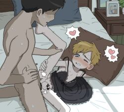  2boys age_difference anal artist_request bar_censor blonde_hair blue_eyes blush censored collarbone crossdressing heart leg_up lying male_focus male_penetrated multiple_boys nipples on_bed on_side one_eye_closed original pale_skin penis sex sex_from_behind shota small_penis source_request sweat sweatdrop testicles yaoi  rating:Explicit score:94 user:Verify45