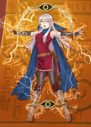  1girl absurdres armpits bare_shoulders belt black_gloves black_pantyhose blue_scarf boots breasts brown_belt brown_footwear dress elbow_gloves electricity fingerless_gloves fire_emblem fire_emblem:_radiant_dawn full_body gloves hair_between_eyes hazuki_(nyorosuke) hieroglyphics highres long_hair medium_breasts micaiah_(fire_emblem) nintendo open_mouth outstretched_arms pantyhose red_dress restrained scarf short_dress sleeveless sleeveless_dress solo sweat thighs very_long_hair white_hair yellow_eyes 