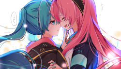  +++ 2girls aqua_eyes aqua_hair aqua_nails bad_id bad_twitter_id blurry bokeh depth_of_field expressionless closed_eyes face-to-face facing_another hairband half-closed_eyes holding_hands hand_on_another&#039;s_chin hatsune_miku heart hood hooded_jacket interlocked_fingers jacket long_hair looking_at_viewer megurine_luka multiple_girls nail_polish number_print open_mouth pink_hair pink_nails portrait revision smile speech_bubble sweatdrop touching_another&#039;s_chin twintails twitter_username very_long_hair vocaloid wanaxtuco white_background yuri  rating:General score:5 user:danbooru