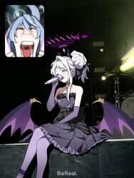  2girls :o ako_(blue_archive) ako_(dress)_(blue_archive) anklet bare_shoulders bead_anklet bereal blue_archive blue_hair closed_eyes collarbone concert crossed_legs crying demon_girl demon_horns demon_wings dress drum drum_set dual_wielding elbow_gloves english_text evening_gown fan_screaming_at_madison_beer_(meme) gloves glowstick hair_between_eyes hairband halo highres hina_(blue_archive) hina_(dress)_(blue_archive) holding horns inset instrument jewelry long_hair meme microphone multiple_girls music necklace official_alternate_costume official_alternate_hairstyle pantyhose parted_bangs pearl_necklace photo_background ponytail print_dress purple_dress purple_gloves purple_pantyhose reia_76 screaming sidelocks singing sitting strapless strapless_dress streaming_tears tears wavy_hair white_hair wings 