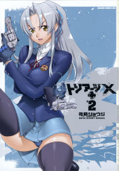  1girl blazer blue_panties breasts_squeezed_together breasts brown_eyes crossed_arms dual_wielding eight_ball_(triage_x) gloves gun handgun highres holding jacket kiba_mikoto kneeling medium_breasts on_one_knee panties pantyshot ponytail revolver s&amp;w_model_627 satou_shouji shirt silver_hair skirt smith_&amp;_wesson solo squatting taut_clothes taut_shirt thighhighs triage_x trigger_discipline underwear upskirt weapon  rating:Questionable score:34 user:danbooru