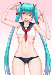  00s 1girl ;p alternate_costume aqua_hair armpits arms_up bare_shoulders black_panties black_sailor_collar breasts cherry cloel closed_mouth collarbone cowboy_shot crop_top food fruit gluteal_fold gradient_background groin hair_ornament hatsune_miku highres holding holding_food holding_fruit long_hair looking_away matching_hair/eyes medium_breasts navel neckerchief one_eye_closed panties pink_background red_neckerchief sailor_collar skindentation sleeveless smile solo standing stomach tongue tongue_out twintails underboob underwear very_long_hair vocaloid 