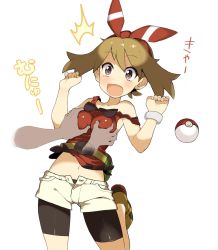  10s 1girl bad_id bad_pixiv_id bike_shorts blush bracelet brown_eyes brown_hair creatures_(company) d: disembodied_hand fanny_pack game_freak grabbing grabbing_another&#039;s_breast groping hair_ribbon jewelry may_(pokemon) may_(pokemon_oras) midriff navel nintendo open_mouth pantyhose pantyhose_under_shorts poke_ball pokemon pokemon_oras ribbon shirt shoes short_shorts shorts sleeveless sleeveless_shirt solo_focus strap_slip surprised tears tomohico translated two_side_up unbuttoned white_background  rating:Questionable score:108 user:danbooru