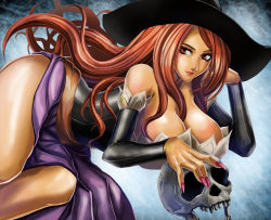  1girl breasts brown_hair cleavage dragon&#039;s_crown el_blanco hat large_breasts long_hair looking_at_viewer skull sorceress_(dragon&#039;s_crown) witch_hat 