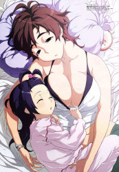00s 2girls :o age_difference ahoge alarm_clock amaha_masane amaha_rihoko antenna_hair assisted_exposure bare_shoulders bed blue_hair blush body_blush bracelet breast_pillow breast_press breasts brown_eyes brown_hair camisole cleavage clenched_hand clock closed_eyes clothes_pull cowboy_shot crop_top curvy dutch_angle from_above hair_bobbles hair_ornament head_tilt highres hug indoors jewelry large_breasts loli long_hair looking_at_viewer lying mature_female megami_magazine midriff mother_and_daughter multiple_girls navel no_bra official_art on_back on_side onee-loli open_mouth pants pillow scan shirt shirt_pull skindentation sleeping sleepy undressing uno_makoto witchblade yuri rating:Sensitive score:130 user:danbooru