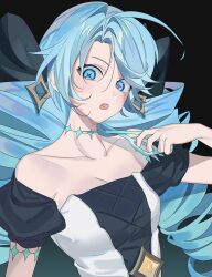 +_+ 1girl :o absurdres aqua_hair bare_shoulders black_background black_bow blue_eyes blue_hair bow breasts cleavage collarbone detached_sleeves drill_hair gradient_background gwen_(league_of_legends) gyechan hair_bow hair_ornament highres holding holding_scissors league_of_legends long_hair neck_tattoo puffy_short_sleeves puffy_sleeves scissors short_sleeves small_breasts solo tattoo twin_drills upper_body rating:Sensitive score:3 user:danbooru