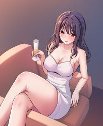  1girl alcohol arm_support armchair bang_dream! bare_arms bare_shoulders black_hair blush breasts brown_background chair champagne champagne_flute cleavage collarbone commentary crossed_legs cup dress drinking_glass feet_out_of_frame from_above gradient_background grey_background hair_between_eyes hand_up highres holding holding_cup large_breasts long_hair looking_at_viewer on_chair orange_eyes parted_lips ptal short_dress sidelocks sitting sleeveless sleeveless_dress smile solo spaghetti_strap ushigome_yuri wavy_hair white_dress 