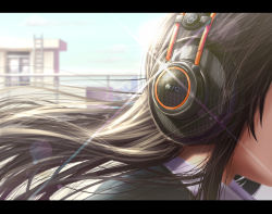 1girl akg_k-series_headphones black_hair blue_sky chain-link_fence close-up day fence floating_hair head_out_of_frame headphones highres ladder lens_flare letterboxed original outdoors rooftop sky solo sunlight upper_body wadapen wind