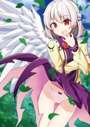  1girl blue_sky blurry blurry_background bow bow_panties braid closed_mouth cloud cloudy_sky commentary_request day depth_of_field dress falling_leaves feathered_wings gluteal_fold grey_hair groin hair_between_eyes hand_to_own_mouth hand_up highres jacket kishin_sagume leaf long_sleeves nenosame open_clothes open_jacket outdoors panties puffy_long_sleeves puffy_sleeves purple_dress red_eyes sky solo touhou underwear white_panties white_wings wings yellow_jacket 