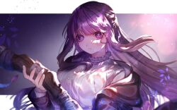  1girl :d ayazumi_tachibana black_cloak blunt_bangs blunt_ends border cloak collar dress fern_(sousou_no_frieren) floating_hair flower frilled_collar frills hand_up high_collar highres holding holding_wand lips long_hair looking_at_viewer off_shoulder open_mouth purple_eyes purple_hair simple_background smile solo sousou_no_frieren sunlight upper_body wand white_border white_dress 
