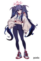  1girl black_hair black_pants blue_archive closed_mouth demon_horns full_body fuuka_(blue_archive) grey_horns halo hand_on_own_hip highres hood hood_down hoodie horns long_hair long_sleeves navel niwlite pants puffy_long_sleeves puffy_sleeves red_eyes red_halo shoes simple_background solo twintails twitter_username white_background white_footwear white_hoodie 