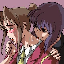 2girls android artist_request blush brown_hair closed_eyes commentary cyborg ghost_in_the_shell kusanagi_motoko licking licking_another&#039;s_neck long_hair lowres multiple_girls necktie oekaki open_mouth operator_(gits) ponytail purple_background purple_hair robot simple_background sweat wince yuri rating:Sensitive score:8 user:danbooru