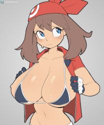  1girl blue_eyes blush breasts brown_hair cleavage closed_mouth collarbone cooliehigh creatures_(company) game_freak gloves grey_background hat huge_breasts may_(pokemon) navel nintendo pokemon pokemon_rse sidelocks simple_background sketch subscribestar_username sweat  rating:Questionable score:13 user:kiki1099