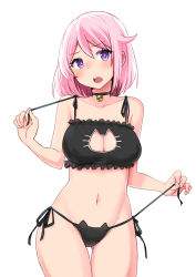 1girl :o bell black_panties blush breasts cat_cutout cat_ear_panties cat_lingerie choker cleavage cleavage_cutout clothing_cutout collarbone eyebrows frills gluteal_fold jingle_bell large_breasts looking_at_viewer meme_attire navel neck_bell open_mouth original panties pink_hair pulling_own_clothes pulling purple_eyes short_hair side-tie_panties simple_background solo stomach thigh_gap underwear underwear_only untying white_background zaxwu rating:Sensitive score:33 user:danbooru