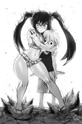  1boy 1girl angry bikini breasts cleavage fairy_tail flip-flops full_body greyscale ground_shatter hair_tie head_on_chest highres holding holding_head medium_breasts monochrome navel protecting redrawn sandals serious short_hair shorts shoulder_tattoo simple_background smile surprised swimsuit tagme tattoo the_golden_smurf thick_thighs thighs twintails wendy_marvell  rating:Sensitive score:63 user:supermariobros5151