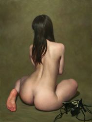  1girl absurdres ass barefoot black_hair completely_nude covering_privates covering_breasts feet from_behind full_body high_heels highres indoors kneeling long_hair mishima_tetsuya nude oil_painting_(medium) original painting_(medium) pale_skin photorealistic pinup_(style) realistic shoes unworn_shoes signature sitting solo tagme traditional_media yokozuwari  rating:Explicit score:70 user:danbooru