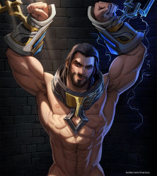  1boy abdominal_hair abdominal_line abs adonis_belt armpit_hair beard black_hair brick_wall chain chained chest_hair collar electricity facial_hair grey_eyes highres league_of_legends long_hair looking_at_viewer male_focus marcus_(rnarccus) muscular muscular_male navel nipples nude scar scar_across_eye scar_on_face scar_on_mouth seductive_smile smile solo sylas_(league_of_legends) twitter_username 