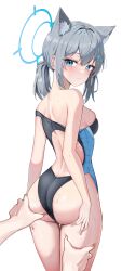  1girl 1other absurdres animal_ear_fluff animal_ears arms_at_sides ass ass_grab ass_support back bare_arms bare_legs bare_shoulders black_one-piece_swimsuit blue_archive blue_eyes blue_halo blush breasts closed_mouth competition_swimsuit cowboy_shot cross_hair_ornament curvy extra_ears eyelashes from_behind frown grey_hair groping hair_between_eyes hair_ornament halo highres li_se looking_at_viewer looking_back low_twintails medium_breasts medium_hair meme mismatched_pupils official_alternate_costume one-piece_swimsuit out_of_frame pov pov_hands shiroko_(blue_archive) shiroko_(swimsuit)_(blue_archive) sideboob simple_background skindentation solo swimsuit thigh_gap thighs tsurime twintails wet white_background wolf_ears 