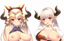 10s 2girls alicia_(granblue_fantasy) aliza_(granblue_fantasy) bare_shoulders bell blush breasts breath cross cross_earrings dean_(momodean) draph earrings granblue_fantasy heart heart-shaped_pupils highres horns jewelry large_breasts long_hair mother_and_daughter multiple_girls nipples open_mouth pointy_ears red_eyes silver_hair simple_background symbol-shaped_pupils upper_body white_background rating:Explicit score:33 user:danbooru