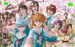  6+girls akagi_ritsuko alcohol alternate_universe arm_up ayanami_rei barefoot battery_indicator beer beer_can bento bird black_hair black_skirt blonde_hair blue_eyes blue_hair blue_shirt blue_skirt bottle breasts brown_eyes brown_hair can cherry_blossoms chopsticks cleavage closed_eyes closed_mouth coat collar collarbone collared_shirt commentary cross cross-laced_footwear cross-laced_sandals crossed_arms dark-skinned_female dark_skin denim double-parted_bangs double_v dress drink_can drunk earrings embarrassed fake_phone_screenshot fake_screenshot falling_petals food freckles glasses grass green_eyes green_footwear green_jacket green_shirt hair_between_eyes hair_bobbles hair_ornament hairband hanami hand_in_pocket hand_out_of_frame hand_up hands_up happy harness hat highres holding holding_can horaki_hikari ibuki_maya ikari_yui in-franchise_crossover interface_headset jacket jeans jewelry katsuragi_misato kazumiminagawa kirishima_mana kitakami_midori light_smile long_dress long_hair long_skirt long_sleeves looking_at_another looking_at_viewer lunchbox makinami_mari_illustrious medium_breasts midriff_peek mole mole_under_eye mother_and_daughter multiple_girls nagara_sumire name_tag neck_ribbon necklace neon_genesis_evangelion neon_genesis_evangelion:_iron_maiden on_one_knee one_eye_closed open_mouth orange_hair panties pants pantyshot parted_bangs pearl_necklace penguin penpen petals picnic picnic_blanket pink_shirt plate purple_hair rebuild_of_evangelion red-framed_eyewear red_eyes red_hair red_ribbon red_shirt red_skirt ribbon sandals school_uniform selfie shirt shoes short_hair short_sleeves sitting skirt smile souryuu_asuka_langley souryuu_kyouko_zeppelin spring_(season) standing suspender_skirt suspenders suzuhara_sakura sweatdrop taking_picture teeth tokyo-3_middle_school_uniform tree trench_coat twintails two_side_up underwear upper_teeth_only v v_over_eye very_short_hair watch water_bottle white_coat white_panties white_shirt wristwatch yellow_jacket yellow_shirt 
