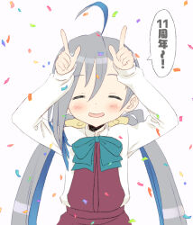  ahoge anniversary aqua_bow aqua_bowtie bow bowtie brown_dress closed_eyes collared_shirt confetti dress dress_shirt facing_viewer grey_hair hair_between_eyes halter_dress halterneck highres index_fingers_raised kantai_collection kiyoshimo_(kancolle) kujira_naoto long_hair low_twintails pleated_dress shirt twintails upper_body v very_long_hair white_shirt 