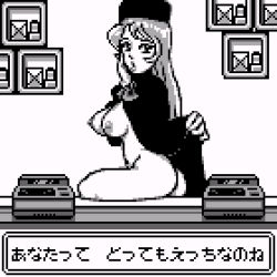  1girl american_dream ass bottle bow bowtie box breasts cape cape_lift cash_register coat coconuts_japan desk female_focus greyscale hand_on_own_cheek hand_on_own_face hat inverted_nipples japanese_text large_breasts lips long_hair looking_at_viewer medium_breasts monochrome naked_cape naked_coat nipples nude on_desk open_mouth pixel_art retro_artstyle saiwai_hiroshi self_exposure shelf sitting solo thighs translated wall 