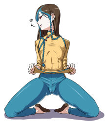  1boy blue_hair braid brown_hair bulge crossdressing kneeling long_hair male_focus multicolored_hair nagiichi red_eyes shion_(kof) simple_background solo the_king_of_fighters translated trap white_background  rating:Questionable score:90 user:longlostsaiyan