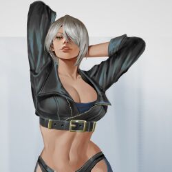  1girl angel_(kof) arms_behind_head blue_eyes breasts cleavage curvy grey_hair highres large_breasts legs looking_at_viewer midriff navel parted_lips pink_lips seductive_gaze seductive_smile short_hair smile snk solo the_king_of_fighters thighs toned 