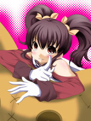 00s 1girl :d anise_tatlin blush brown_hair dress eyebrows gloves headgear highres index_finger_raised light_smile long_hair long_sleeves looking_at_viewer open_mouth pillow red_dress red_eyes smile solo tales_of_(series) tales_of_the_abyss tareme teeth toron_(mino106) twintails white_gloves rating:Sensitive score:4 user:danbooru