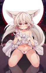 1girl animal_ear_fluff animal_ears bad_id bad_pixiv_id bare_shoulders blade_&amp;_soul blush clothes_lift dress dress_lift flower full_body groin lifted_by_self loli long_tail looking_at_viewer lyn_(blade_&amp;_soul) moon navel open_mouth outdoors panties red_eyes short_hair silver_hair sly solo star_(sky) strapless strapless_dress tail thighs tsuka underwear white_dress white_panties wolf_ears wolf_tail rating:Questionable score:51 user:danbooru