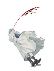 1boy black_footwear blood blue_hair cancer_(zjcconan) cape commentary_request excessive_nosebleed facing_up falling full_body himmel_(sousou_no_frieren) light_blue_hair male_focus nosebleed short_hair simple_background solo sousou_no_frieren white_background white_cape 