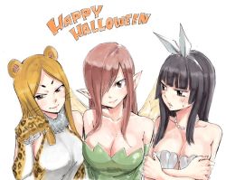 3girls alternate_hair_color animal_costume animal_ears animal_hands animal_print bare_shoulders black_hair blush breasts brown_eyes claws cleavage collarbone costume crossed_arms dress elbow_gloves erza_scarlet fairy fairy_tail fairy_wings fur_collar gloves hair_over_one_eye hair_ribbon hairband halloween happy_halloween hime_cut jewelry kagura_mikazuchi large_breasts leopard_ears leopard_print lips long_hair looking_at_viewer mashima_hiro minerva_orlando multiple_girls necklace parted_lips paw_gloves paw_pose pearl_necklace pointy_ears red_hair ribbon shell shell_bikini shiny_clothes smile sweatdrop upper_body whiskers wings rating:Sensitive score:61 user:danbooru