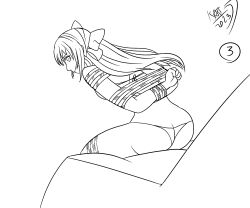 1girl arms_behind_back ass bdsm bent_over bikini bondage bound breasts butt_crack hair_ribbon highres large_breasts legs long_hair looking_at_viewer looking_back monochrome nakoruru ribbon samurai_spirits sideboob snk swimsuit the_king_of_fighters thighs