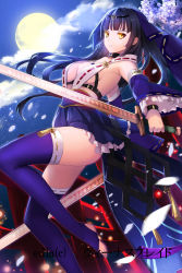 1girl armpits bare_shoulders barefoot black_hair black_skirt blue_thighhighs blunt_bangs breasts cleavage closed_mouth copyright_name copyright_request detached_sleeves flower frilled_sleeves frills from_side full_moon hair_ornament highres holding holding_sword holding_weapon japanese_clothes long_hair long_sleeves looking_at_viewer looking_to_the_side medium_breasts moon moonlight ninja official_art original petals petticoat revealing_clothes ribbon-trimmed_sleeves ribbon_trim runes serious sideboob skirt solo sword thighhighs toeless_legwear toes weapon wide_sleeves yellow_eyes yuuki_kira rating:Sensitive score:18 user:danbooru