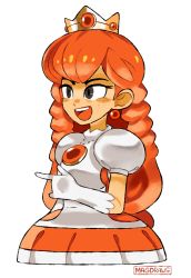  1girl breasts commentary cropped_legs crown dress earrings english_commentary eyebrows_hidden_by_hair freckles gem grey_eyes hair_behind_ear highres jewelry mag_(magdraws) mario_(series) medium_breasts nintendo open_mouth orange_dress orange_hair princess_peach smile solo white_background white_dress  rating:Sensitive score:13 user:danbooru