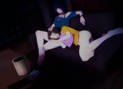  10s 2girls barefoot cellphone choker closed_eyes coffee_mug couch cup curly_hair feet hand_on_another&#039;s_head highres jewelry kawakami_sadayo lap_pillow mug multiple_girls nail_polish necklace no_shoes obj_shep panties persona persona_5 perspective phone sleeping sleeping_on_person smile socks studded_choker table takemi_tae undershirt underwear  rating:Sensitive score:40 user:danbooru