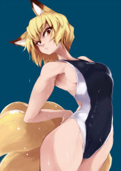 1girl animal_ears arched_back ario blonde_hair breasts brown_eyes competition_swimsuit cowboy_shot female_focus fox_ears fox_tail multiple_tails one-piece_swimsuit short_hair sideboob simple_background solo stretching swimsuit tail touhou wet yakumo_ran rating:Questionable score:97 user:danbooru