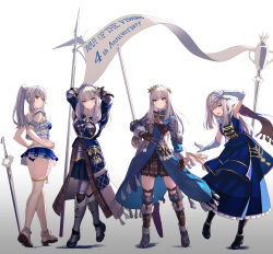  4girls absurdres anniversary arm_up armor armored_boots armpits arms_behind_head arms_up ass bare_shoulders bikini bikini_skirt black_footwear black_skirt blue_bikini blue_dress boots braid breasts brown_gloves chest_armor closed_mouth commentary_request crown_braid dress elbow_pads final_fantasy final_fantasy_brave_exvius flag from_behind full_body gauntlets glaciela_wezette gloves gradient_background grey_hair hair_ornament hair_over_shoulder hands_on_own_hips high_collar high_ponytail highres hirono_(hxze4434) knee_guards lance long_hair looking_at_viewer medium_breasts miniskirt multiple_girls multiple_persona official_alternate_costume official_alternate_hairstyle one_eye_closed open_mouth planted planted_sword planted_weapon pleated_skirt polearm red_eyes sandals shoulder_armor sidelocks skirt sleeveless sleeveless_dress smile staff standing swimsuit sword toeless_footwear war_of_the_visions:_final_fantasy_brave_exvius weapon white_gloves 