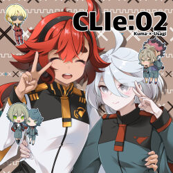  2boys 4girls ahoge asticassia_school_uniform black_hairband blush brown_background character_request chibi closed_eyes cover cover_page elan_ceres felsi_rollo grey_eyes grey_hair guel_jeturk gundam gundam_suisei_no_majo hairband happy highres miorine_rembran multiple_boys multiple_girls necktie no_nose norea_du_noc quattro_bajeena red_hair red_necktie sakura_rio school_uniform simple_background smile suletta_mercury sunglasses teeth thick_eyebrows upper_body upper_teeth_only v yellow_necktie 