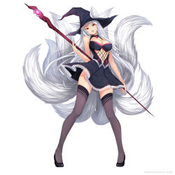  1girl animal_ears atomix breasts cleavage dress ears_through_headwear fox_ears fox_tail glowing hat highres lace large_breasts long_hair multiple_tails navel no_panties original red_eyes simple_background solo staff tail thighhighs very_long_hair white_hair witch witch_hat  rating:Sensitive score:62 user:danbooru