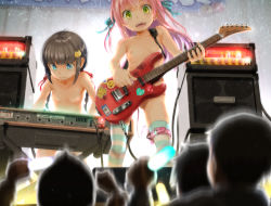 2girls 3boys amplifier audience black_hair blue_eyes blunt_bangs blurry blurry_foreground blush braid breasts closed_mouth clothed_male_nude_female commentary_request depth_of_field discreet_vibrator dot_nose egg_vibrator electric_guitar exhibitionism from_below glowstick gluteal_fold green_eyes guitar hair_ornament hair_ribbon hairclip happy highres instrument keyboard_(instrument) loli long_hair looking_at_viewer multiple_boys multiple_girls music nipples nude open_mouth original pink_hair playing_instrument plectrum public_indecency public_vibrator remote_control_vibrator ribbon sex_toy small_areolae small_breasts small_nipples smile stage standing striped_clothes striped_legwear striped_thighhighs sweat tamanoi_peromekuri thigh_strap thighhighs twin_braids two_side_up vibrator vibrator_cord zenra rating:Questionable score:249 user:danbooru