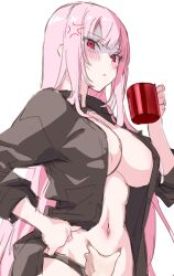  1girl 1other anger_vein annoyed black_panties black_shirt breasts cleavage coat coffee_mug collared_shirt cup grabbing_another&#039;s_stomach hand_on_own_hip highres holding holding_cup hololive hololive_english holomyth kamiya_maneki large_breasts long_hair looking_at_viewer meme mori_calliope mug navel no_bra open_clothes open_shirt panties pink_hair pov red_eyes shaded_face shirt underwear very_long_hair virtual_youtuber 