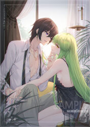  1boy 1girl aoba_aratame_ni babydoll black_babydoll brown_hair c.c. code_geass couple earrings green_hair hand_on_another&#039;s_chin highres jewelry lelouch_vi_britannia long_hair purple_eyes unbuttoned unbuttoned_shirt yellow_eyes 