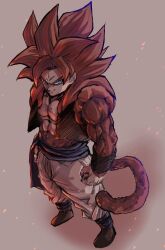  1boy absurdres black_vest blue_eyes blue_sash chiro_illust cropped_vest dragon_ball dragon_ball_gt from_above gogeta highres long_hair looking_at_viewer male_focus metamoran_vest monkey_tail muscular muscular_male pants red_hair sash solo super_saiyan super_saiyan_4 tail vest white_pants 